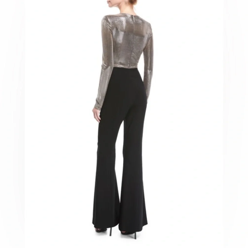 Black Halo Angie Flared Leg Jumpsuit Cutout Metallic Silver Bodice Romper 12 - Picture 5 of 17